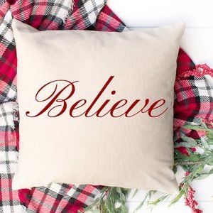 Christmas Throw Pillow Cover, Believe, Red 16x16, Zipper closure